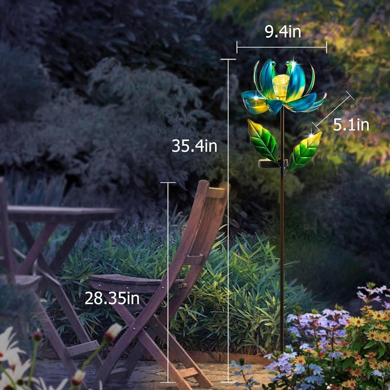 SUCUY Solar Yard Lights Wind Spinners- Metal Lotus Flower Garden Decor LED Crackle Glass Globe Yard Art Sculpture Solar Stake Lights for Patio Pathway Lawn Walkway - Image 5